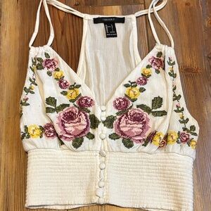 Forever 21 Floral Embroidered Cream Crop Top